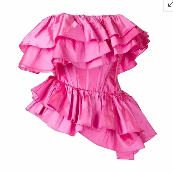 RozieCorsets Rozie Corsets Pink Ruffled Off-Shoulder Top Silk Strapless Bustier - Picture 7 of 7